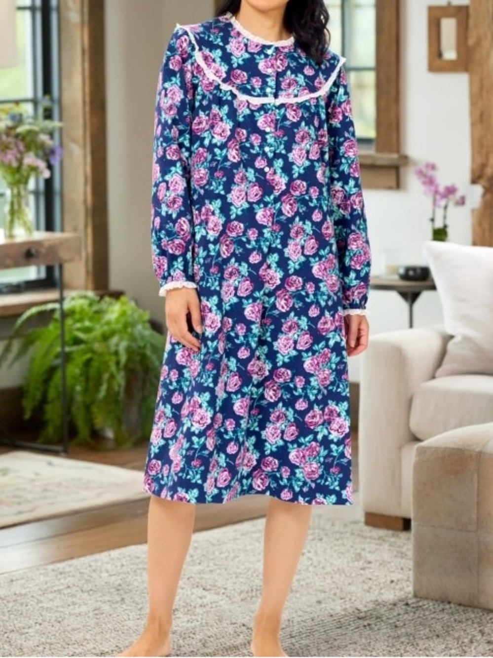 Lanz Nantucket Rose Flannel Nightgown Large Long Sleeve Lace Blue Sleepwear